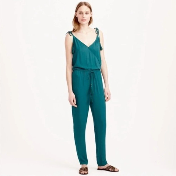 J. Crew Emerald Green Crepe‎ Tassel Jumpsuit Size Large - Picture 1 of 8